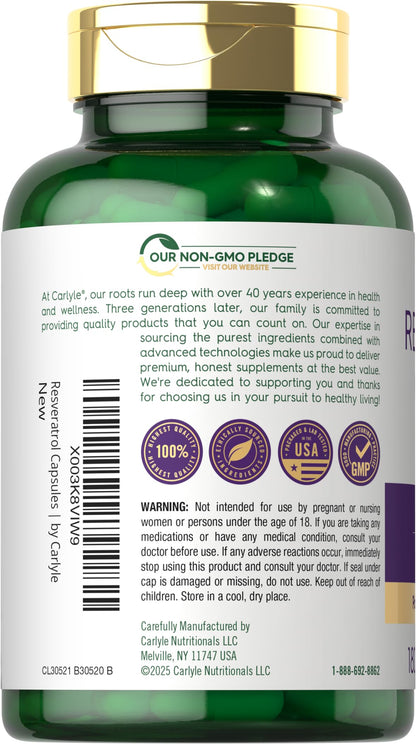 Carlyle Resveratrol Complex - 180 Capsules - Trans Resveratrol Supplement with Grape Seed Extract - Non GMO, Gluten Free Carlyle