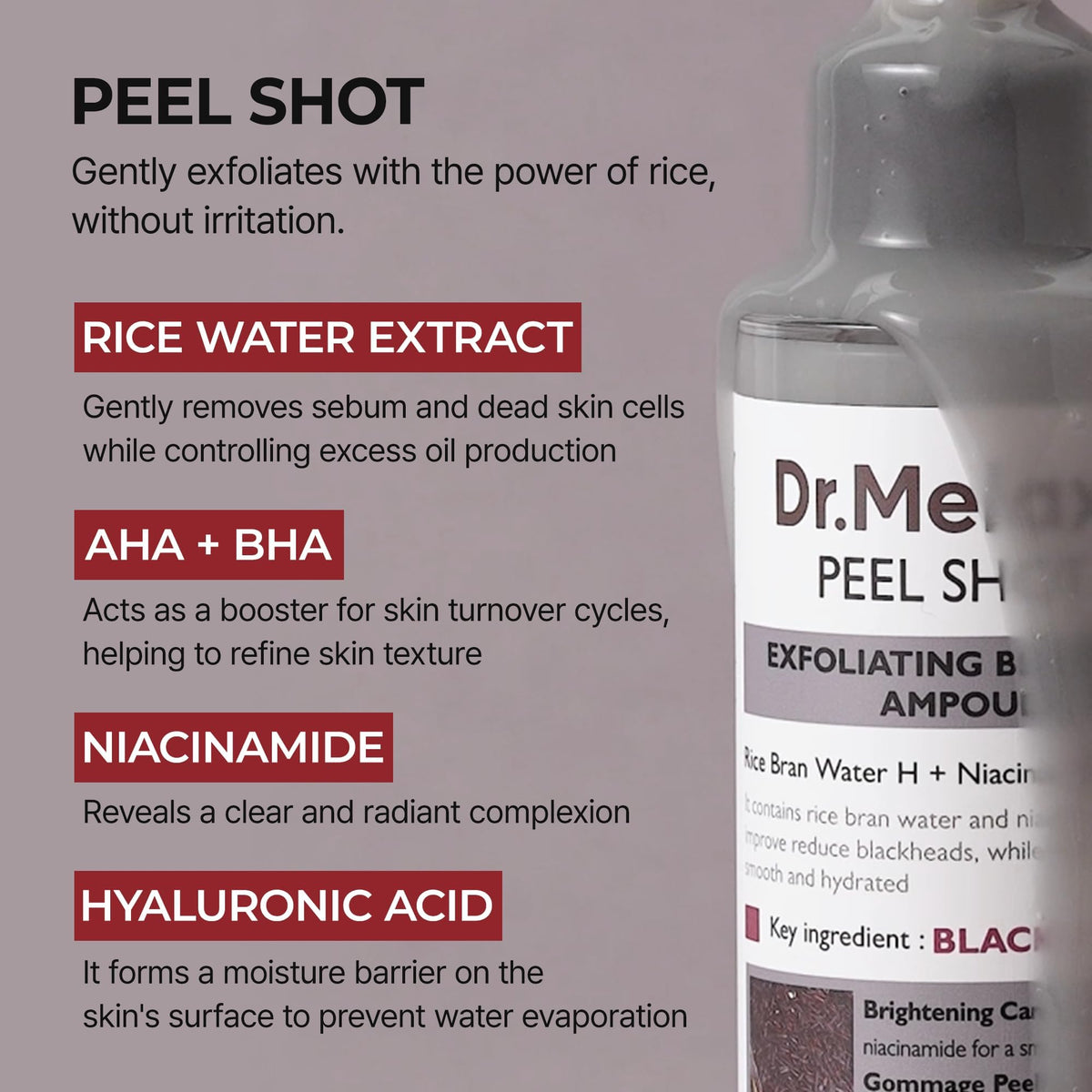 Dr.Melaxin Peel Shot Black Rice Exfoliating Ampoule, Face Exfoliator with AHA BHA Niacinamide Rice Bran Water, Blackhead Remover, Pore Minimizer, Brightening Glass Skin Serum, Korean Skin Care, 2.7 oz Dr.Melaxin