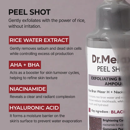 Dr.Melaxin Peel Shot Black Rice Exfoliating Ampoule, Face Exfoliator with AHA BHA Niacinamide Rice Bran Water, Blackhead Remover, Pore Minimizer, Brightening Glass Skin Serum, Korean Skin Care, 2.7 oz Dr.Melaxin