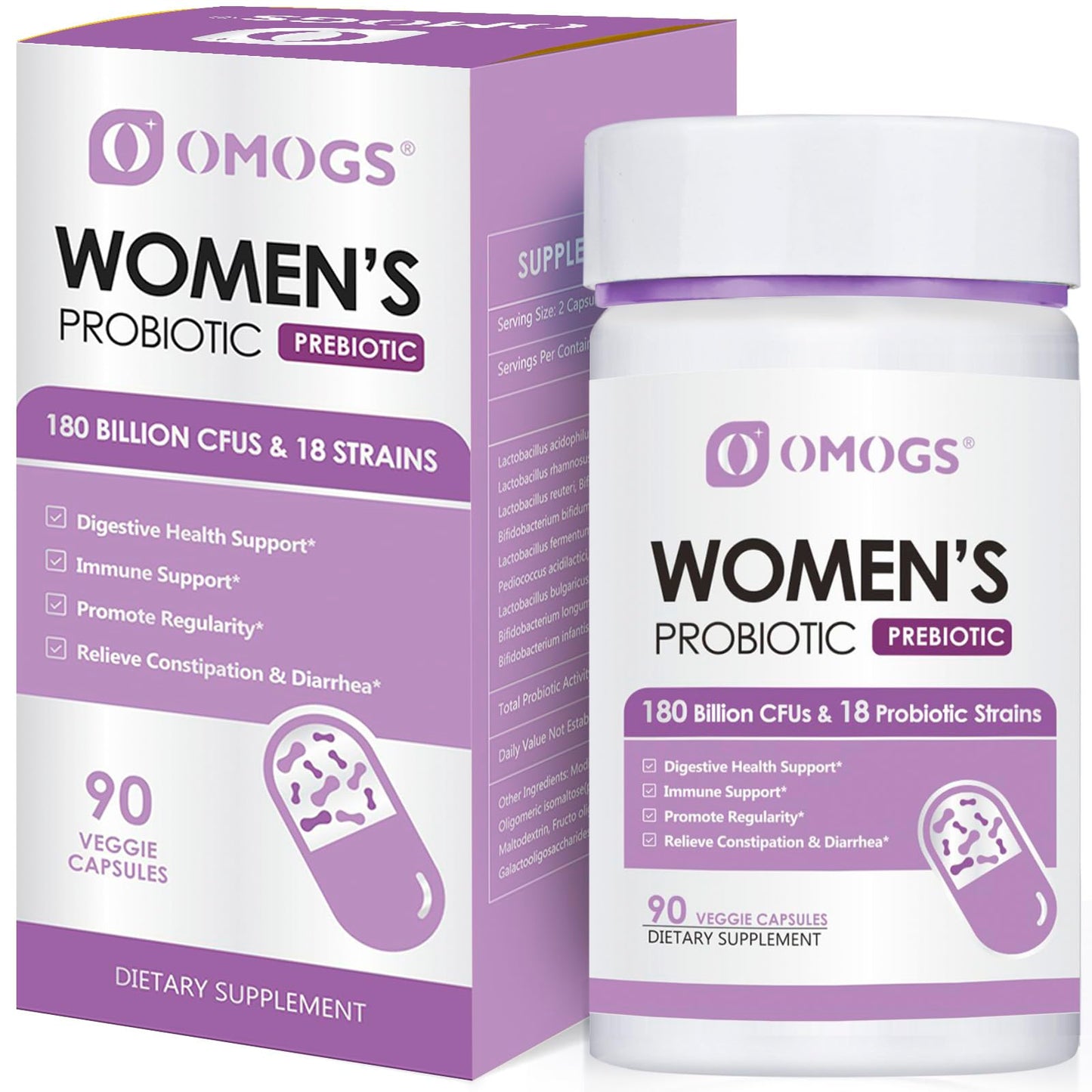 OMOGS Women's Probiotic 180 Billion CFUs 18 Strains, with Organic Prebiotics, Cranberry Extract, D-Mannose & Digestive Enzymes, for Digestive, Boost Immune, OMOGS