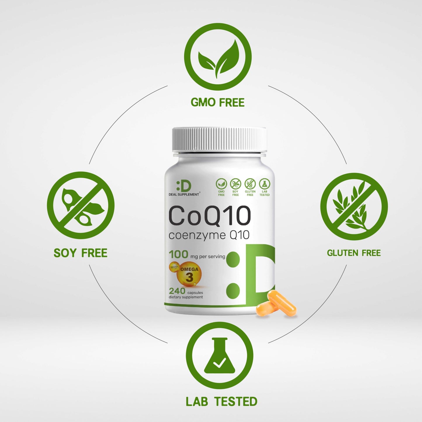 DEAL SUPPLEMENT CoQ10 100mg with Omega 3 100mg, 240 Capsules | Bioavailable Coenzyme Q10 Formula | Non-GMO DEAL SUPPLEMENT