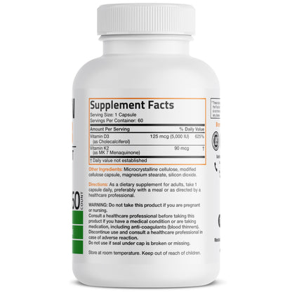 Bronson Vitamin K2 D3 (MK7) Supplement Non-GMO Formula Vitamin D3 5000IU (125 mcg) & 90 mcg K2 MK-7 Bronson