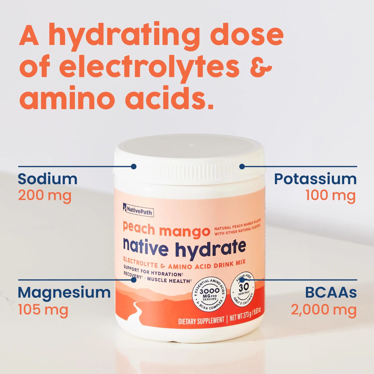 NativePath Hydrate, Zero Sugar, Electrolytes Powder with BCAAs, Peach Mango Hydration, Keto & Paleo Friendly, 30 Servings NativePath