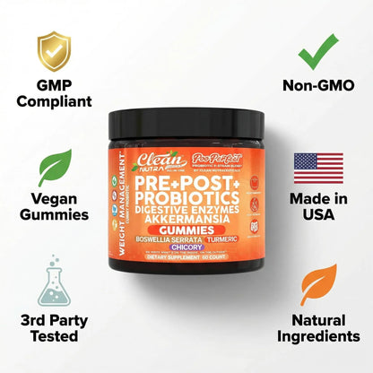 Clean Nutra Prebiotic Postbiotic Digestive Enzymes Gummies with Chicory Root, Boswellia Serrata, Turmeric, and Akkermansia | Pre+Post Probiotics Supplement Clean Nutraceuticals