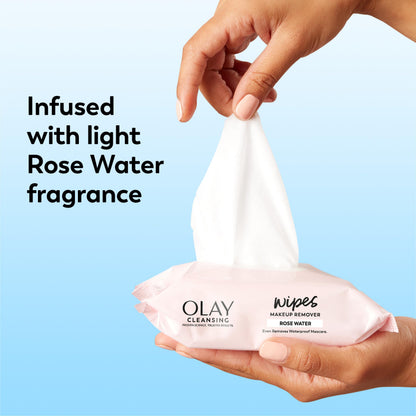 Olay Cleanse Makeup Remover Wipes, Rose Water Scent, Facial Cleansing Wipes Remove Makeup Dirt & Oil, Removes Waterproof Mascara, Soft Cloths for Eyes Face & Neck, No Greasy Residue, 25 Count, 3-Pack Olay