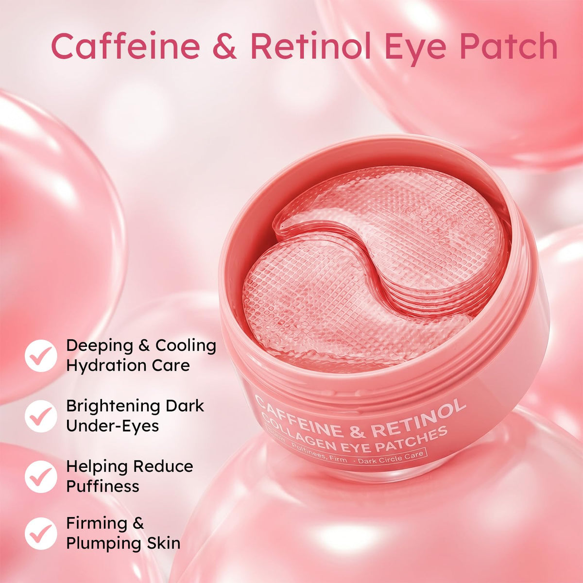 Retinol Caffeine Eye Patches, with Hydrolyzed Collagen, Peptides, 60 Pcs Ossjds