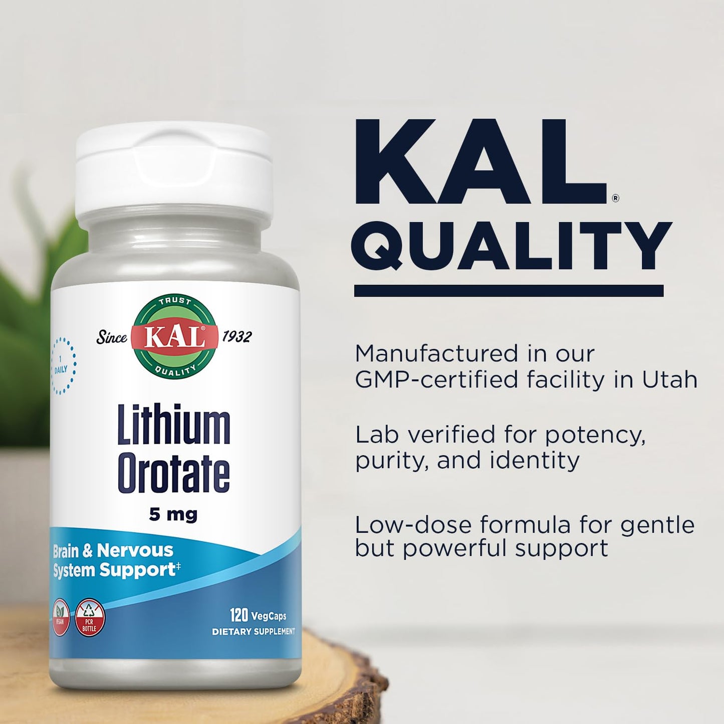 KAL Lithium Orotate 5 milligrams | Low Serving Of Chelated Lithium Orotate For Bioavailability and Mood Support | In Organic Rice Bran Extract Base | 120 VegCaps KAL