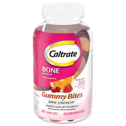 Caltrate Gummy Bites 500 mg Calcium and Vitamin D Supplement, Black Cherry, Strawberry, Orange - 100 Count Caltrate