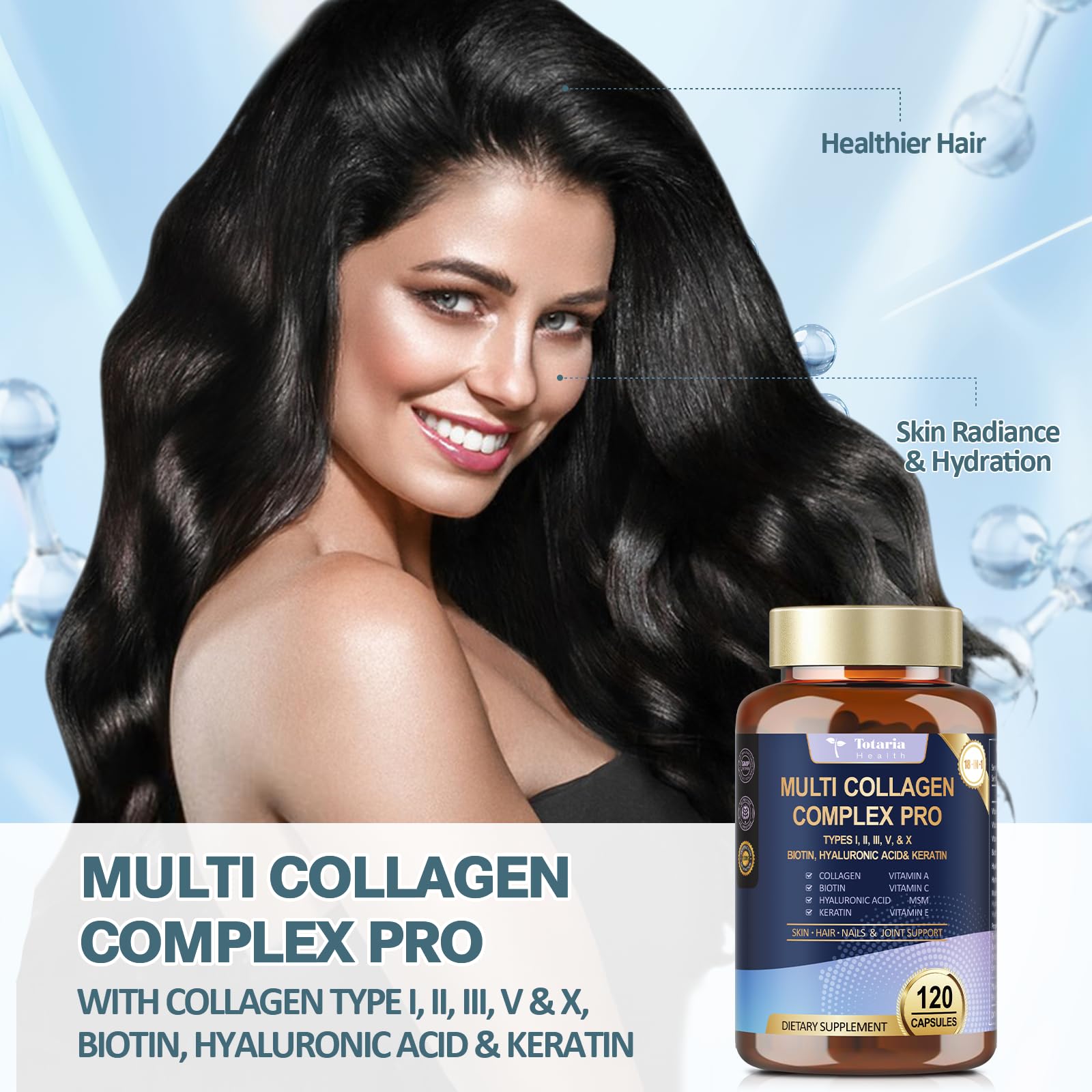 18-in-1 Collagen Pro with Hyaluronic Acid, Keratin, Biotin, VIT A C & E for Skin, Hair, Nails, Joint & Beauty - Multi Collagen Peptides Capsules with Type I II III V & X for Women & Men - 120 Caps Totaria buy australia supplements