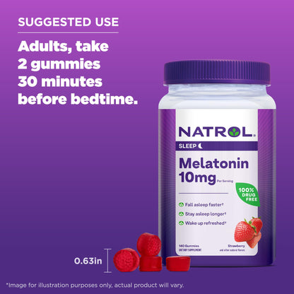 Natrol Melatonin 10 mg Gummies, Sleep Support for Adults, 140 Gummies | Supplement to Fall Asleep Faster & Stay Asleep Longer, Wake Up Refreshed, 100% Drug-Free, Strawberry-flavored, 70 Day Supply Gsupps Australia