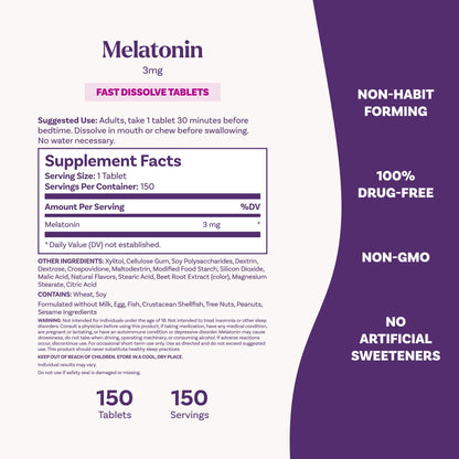 Natrol Fast Dissolve Melatonin 3 mg, Melatonin Supplements for Restful Sleep, Sleep Support for Adults, 150 Strawberry-Flavored Tablets Natrol