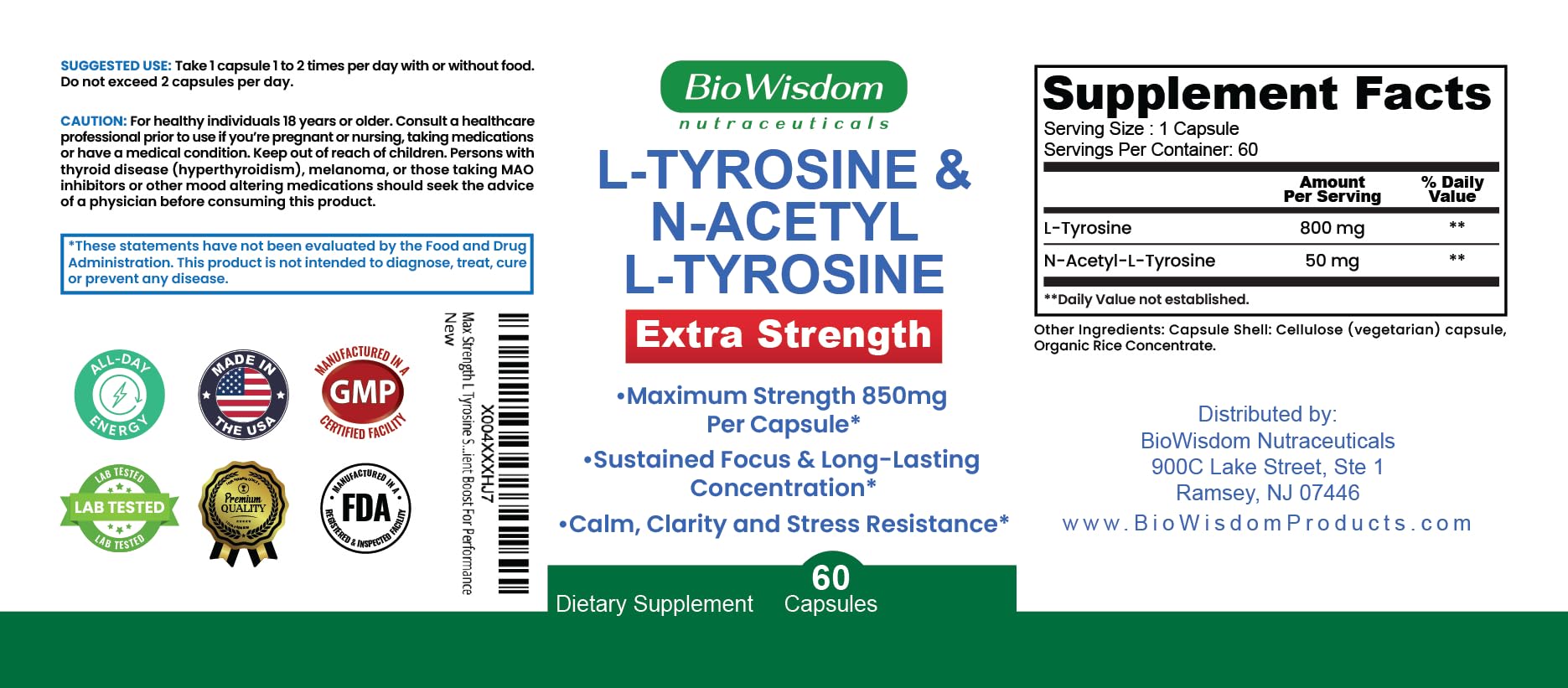 Max Strength L Tyrosine Supplement & N Acetyl L Tyrosine Peak Focus, Alertness, Concentration, Body & Mind Energy. L-Tyrosine 850mg Per 1 Capsule. A Well-Being Nutrient Boost For Performance BioWisdom Nutraceuticals buy australia supplements