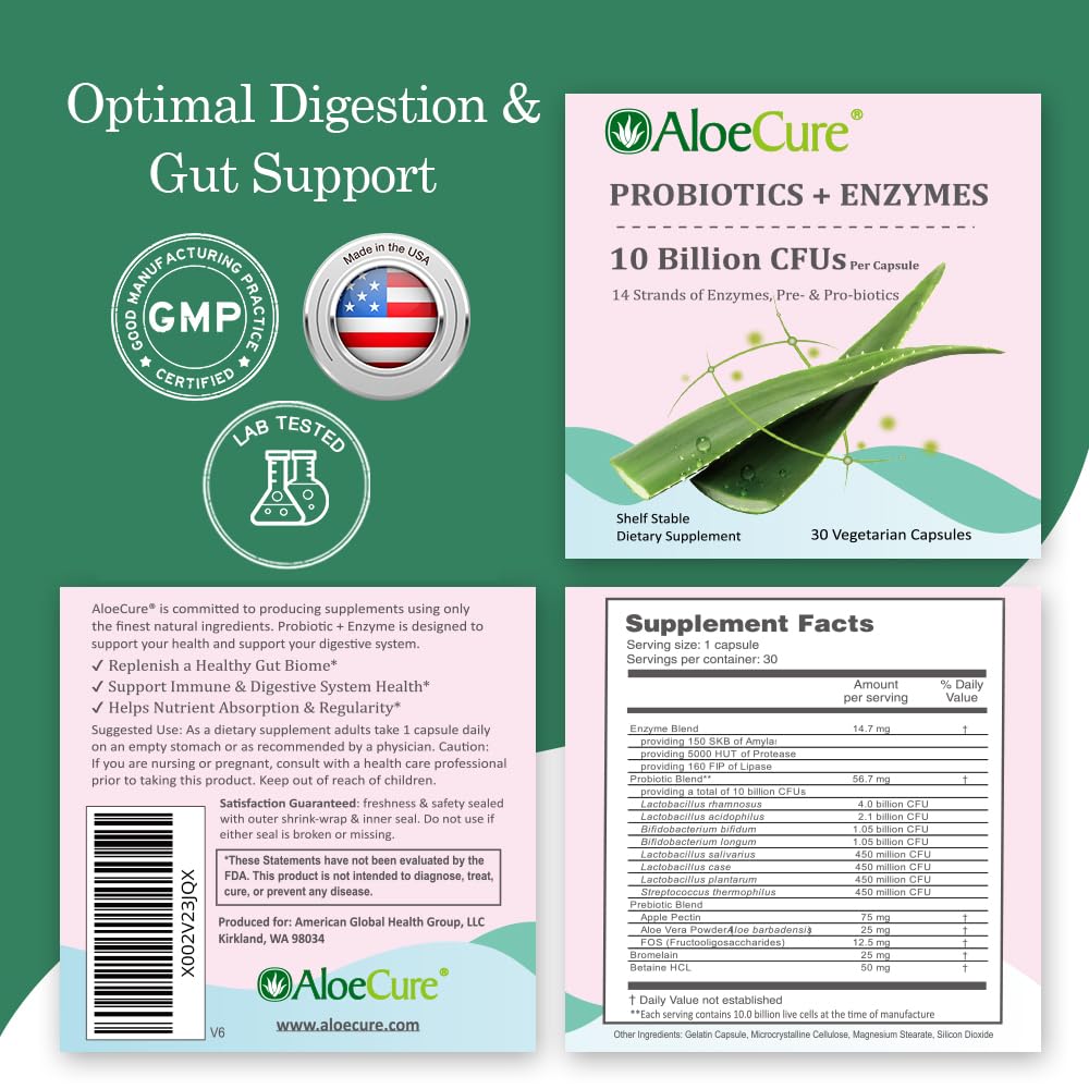 AloeCure Daily Probiotics 10 Billion CFU for Digestive Support 8 Strains, 6 Prebiotics & Enzymes - Digestive Supplement with Bromelain for Women & Men AloeCure