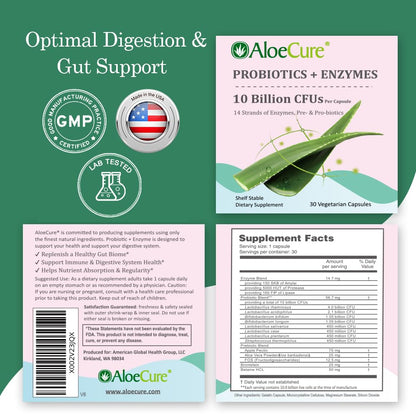 AloeCure Daily Probiotics 10 Billion CFU for Digestive Support 8 Strains, 6 Prebiotics & Enzymes - Digestive Supplement with Bromelain for Women & Men AloeCure