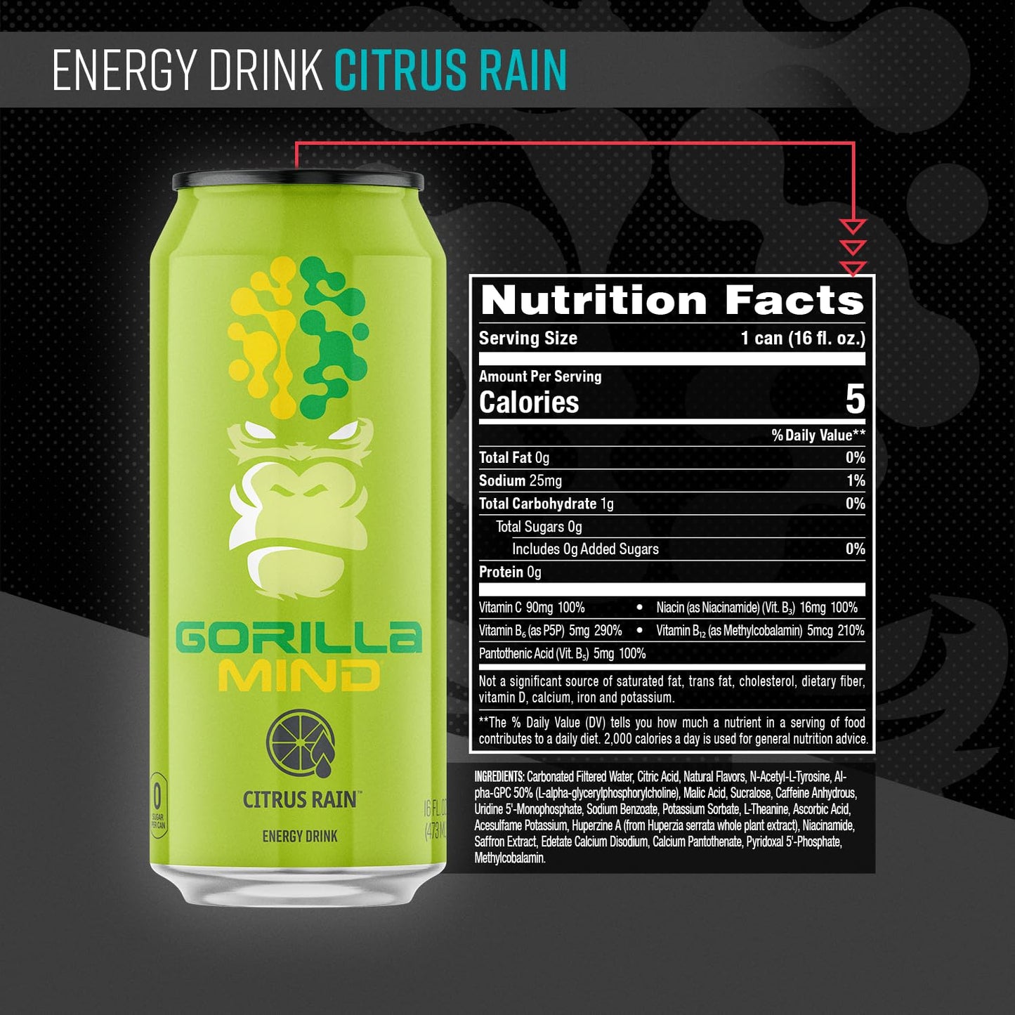 Gorilla Mind Energy Drink | Unmatched Energy · Amplified Focus | N-Acetyl-L-Tyrosine, Alpha-GPC, 200mg Caffeine, Uridine, Saffron | 0 Sugar Or Artificial Colors | 16oz, 12-Pack (Black Cherry Vanilla)