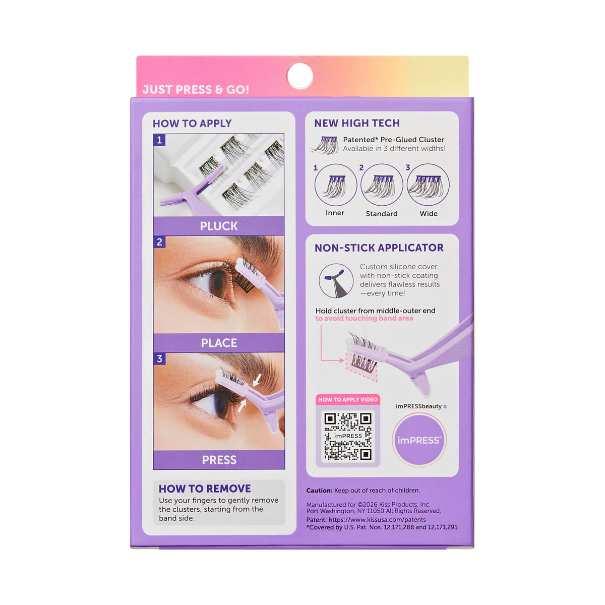 Kiss Impress Falsies Self Adhesive Eyelashes, Press On Lashes, 12mm-14mm Glam Volume Lashes, Black, No Glue Needed, Invisible Band, 36 Lash Clusters & Non-Stick Applicator - Voluminous imPRESS