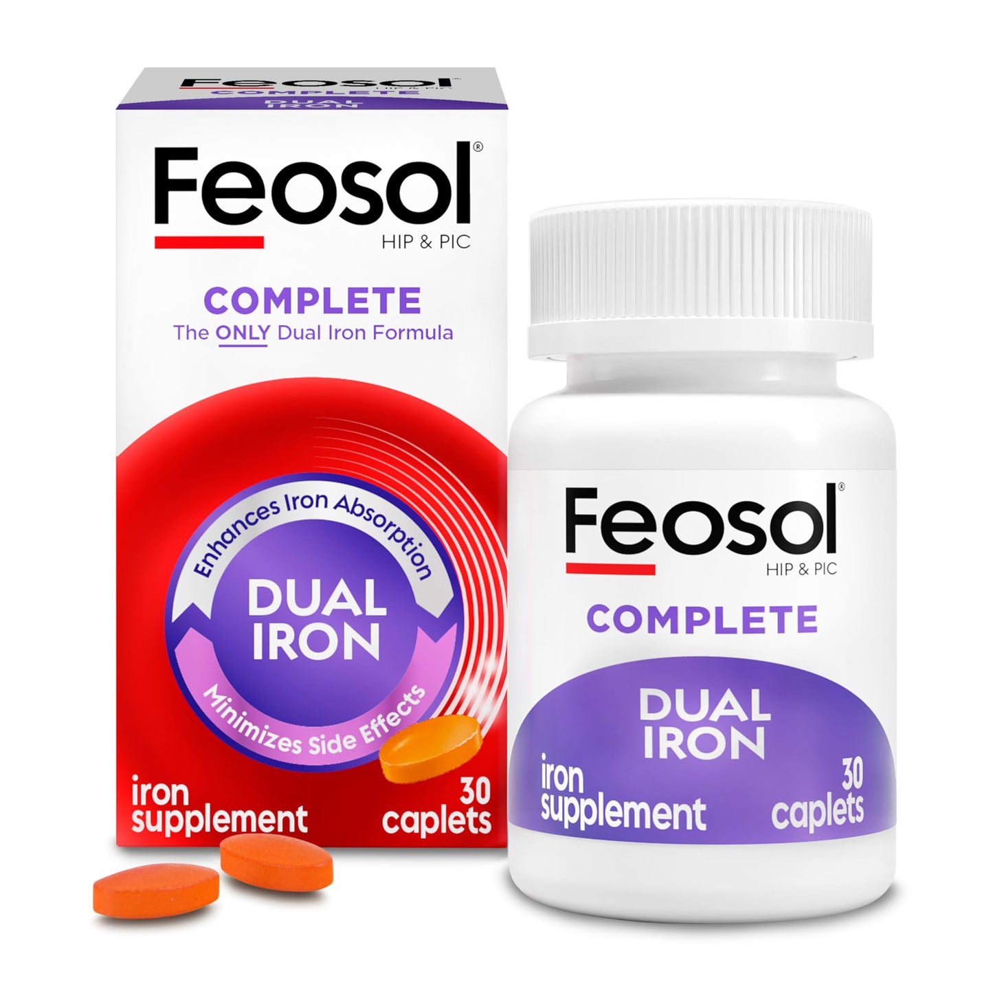 Feosol Complete Iron Supplement Caplets, Bifera Iron for High Absorption, Heme and Non-Heme Dual Action Minimizes Side Effects, 1 Per Day Feosol