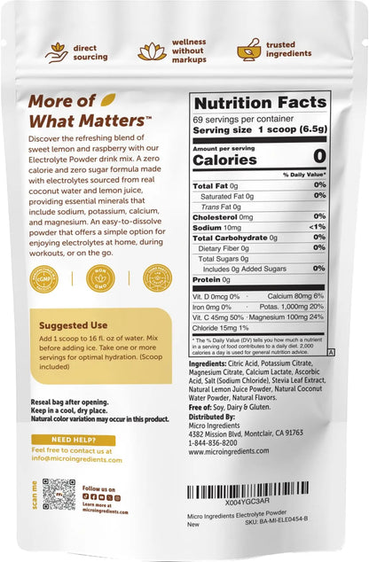 Micro Ingredients Hydration Electrolyte Powder, 1 lb (69 Servings) | Lemon Raspberry Flavor | High Potassium (1,000mg) + Coconut Water & Real Lemon Juice | No Sugar, Keto Friendly | Non-GMO Micro Ingredients