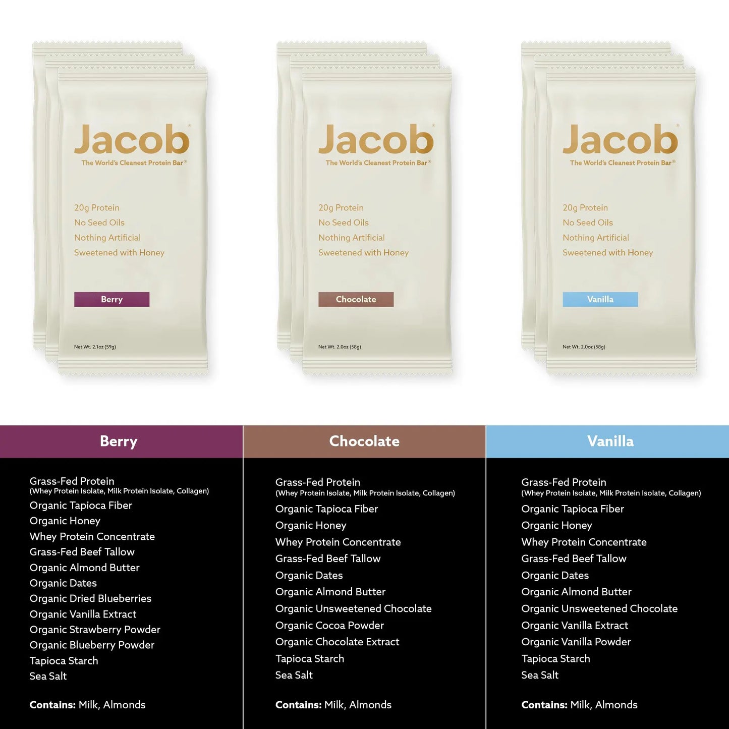 Jacob Bar, Protein Bars, Variety Pack (9 Bars Total) Contains 3 of Each; Chocolate, Vanilla, Berry - 20g Grass-Fed Protein, No Seed Oils, Nothing Artificial Jacob