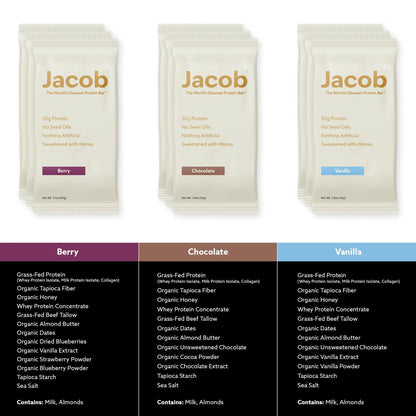Jacob Bar, Protein Bars, Variety Pack (9 Bars Total) Contains 3 of Each; Chocolate, Vanilla, Berry - 20g Grass-Fed Protein, No Seed Oils, Nothing Artificial Jacob