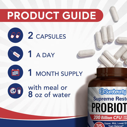Surebounty Probiotic for Men & Women, 200 Billion CFU 35 Strains, Prebiotics + Digestive Enzymes, Supreme Restore Probiotic Supplement, Surebounty