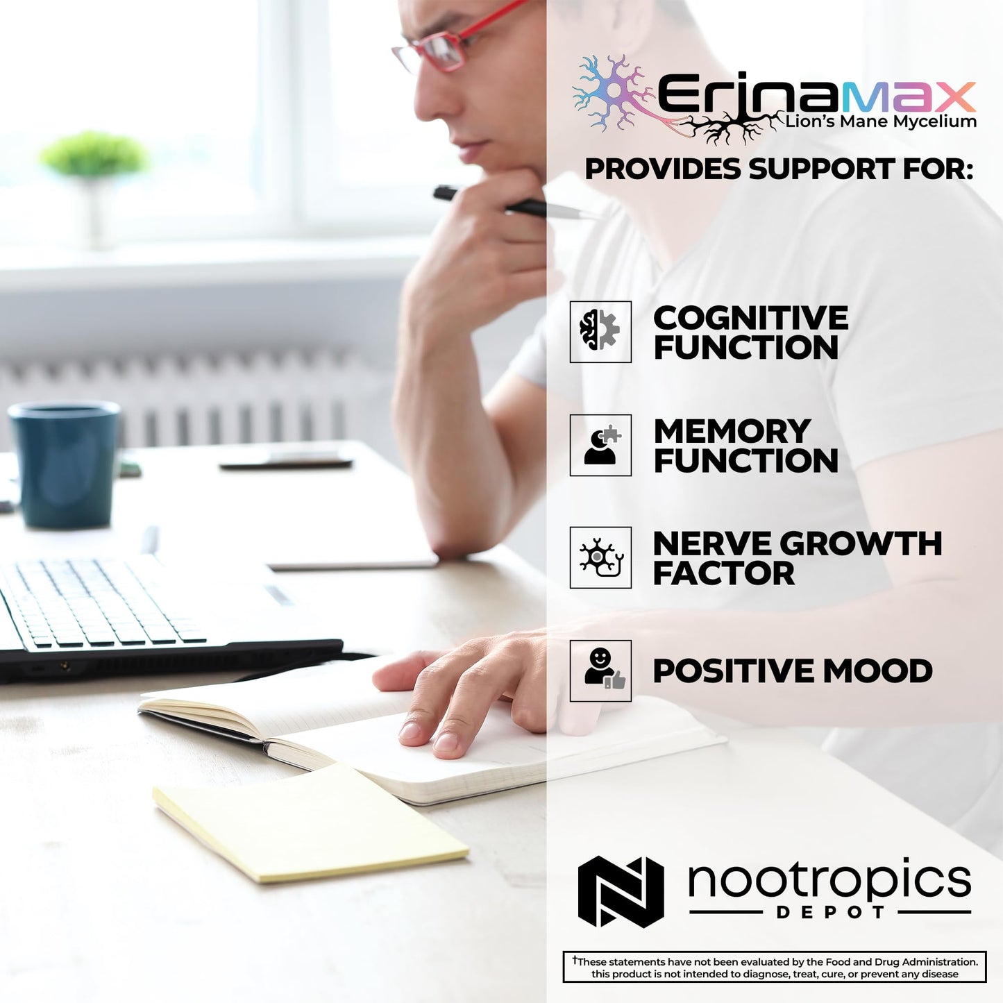 Nootropics Depot Erinamax Lion's Mane 500mg Capsules | Liquid Culture Mycelium | 2.5mg Erinacine A | Mood, Cognition, & Nerve Support | 60 Count