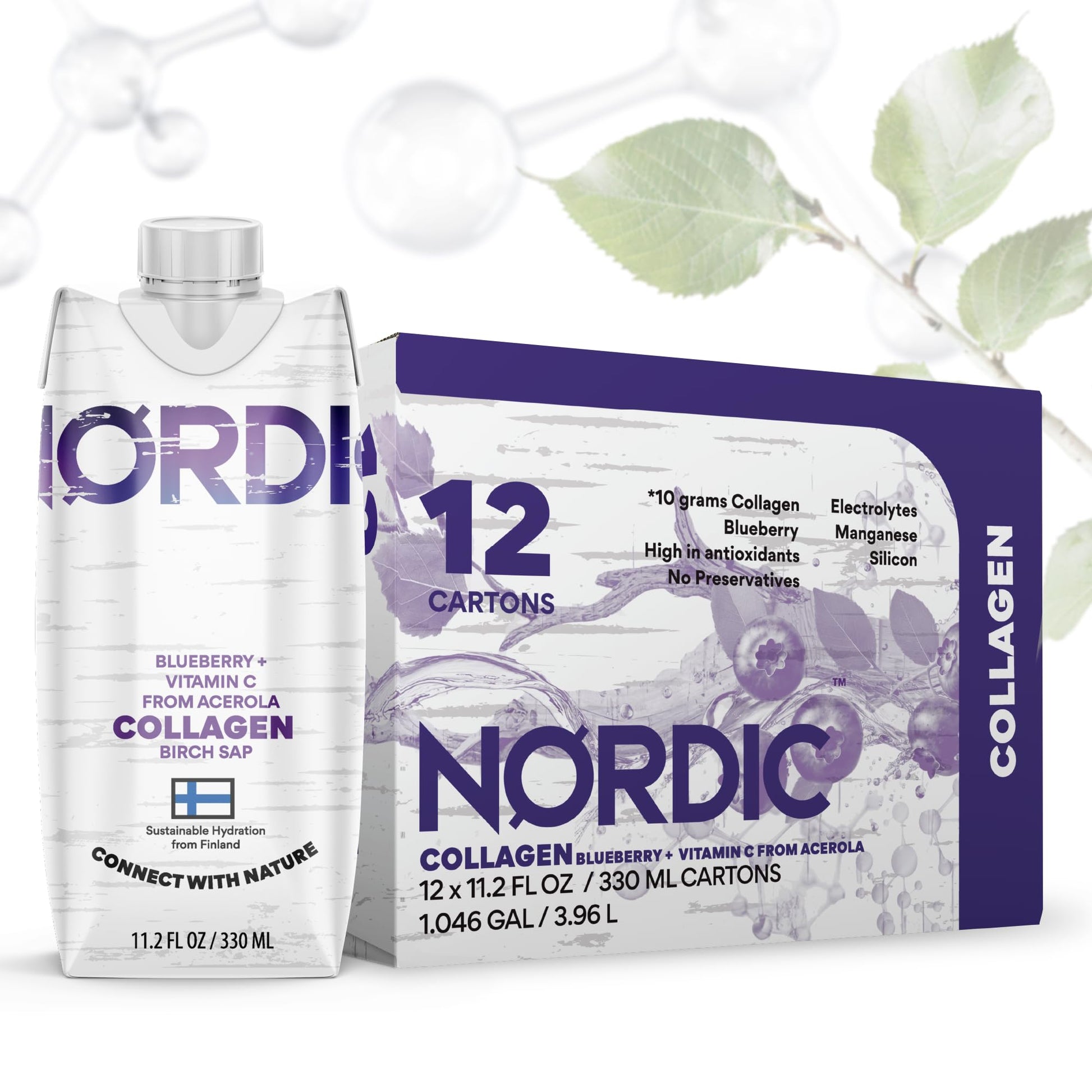 Nordic Liquid Collagen Peptide Drink, Organic Birch Sap, Wild blueberry + Vitamin C, Made in Finland - 10g Clinically Studied Grass Fed Collagen Peptides for Skin Hair Nails & Joint Support, with Silica, BPA-Free Beverage (12 Pack) Nordic Tree Water buy australia supplements