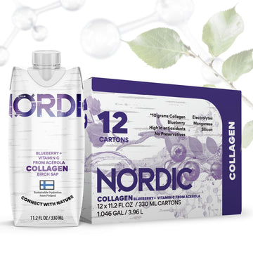 Nordic Liquid Collagen Peptide Drink, Organic Birch Sap, Wild blueberry + Vitamin C, Made in Finland - 10g Clinically Studied Grass Fed Collagen Peptides for Skin Hair Nails & Joint Support, with Silica, BPA-Free Beverage (12 Pack) Nordic Tree Water buy australia supplements