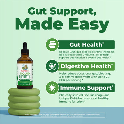 MARYRUTH'S Organics Liquid Probiotic for Ages 4+ | 2 Billion CFU | 13 Probiotic Strains | Gut Health & Digestive Support | Gas & Bloating Support | Vegan | Gluten Free | Travel-Friendly | 40 Servings