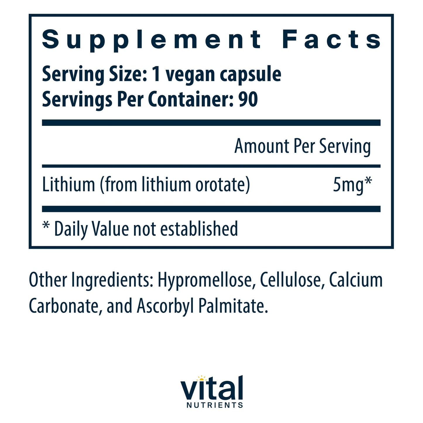 Vital Nutrients Lithium Orotate - Vegan Lithium Supplements for Memory, State of Mind, and Behavioral Health*- 5mg - Gluten, Dairy, Soy Free - 90 Capsules Vital Nutrients