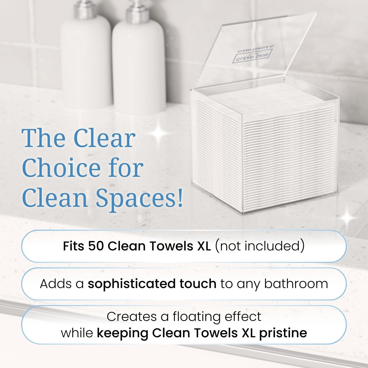 CLEAN SKIN CLUB Clear Acrylic Box for Clean Towels XL (NOT Included), Container For 50 Disposable Clean Towels XL, Face Towelettes Bathroom Counter Storage, Bin for Cleansing Facial Dry Wipes CLEAN SKIN CLUB