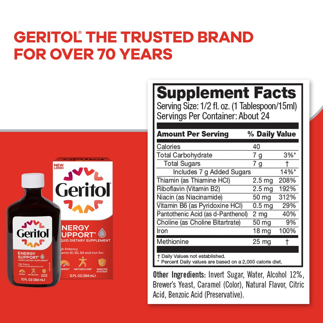 Geritol Liquid Vitamin and Iron Supplement, Energy Support, Contains High Potency B-Vitamins and Iron, Pleasant Tasting, Easy to Swallow Geritol
