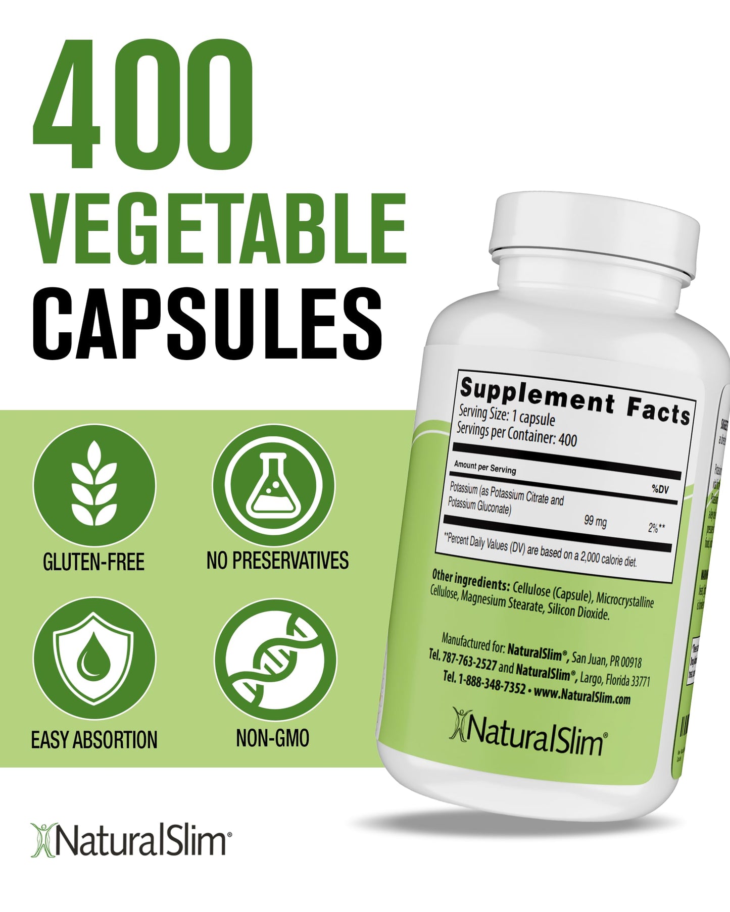 NaturalSlim Natural Potassium Citrate Gluconate 99 mg - Kadsorb Supports Electrolyte Balance & Normal pH - Absorbable Potassium Supplements NaturalSlim