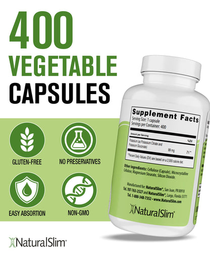 NaturalSlim Natural Potassium Citrate Gluconate 99 mg - Kadsorb Supports Electrolyte Balance & Normal pH - Absorbable Potassium Supplements NaturalSlim