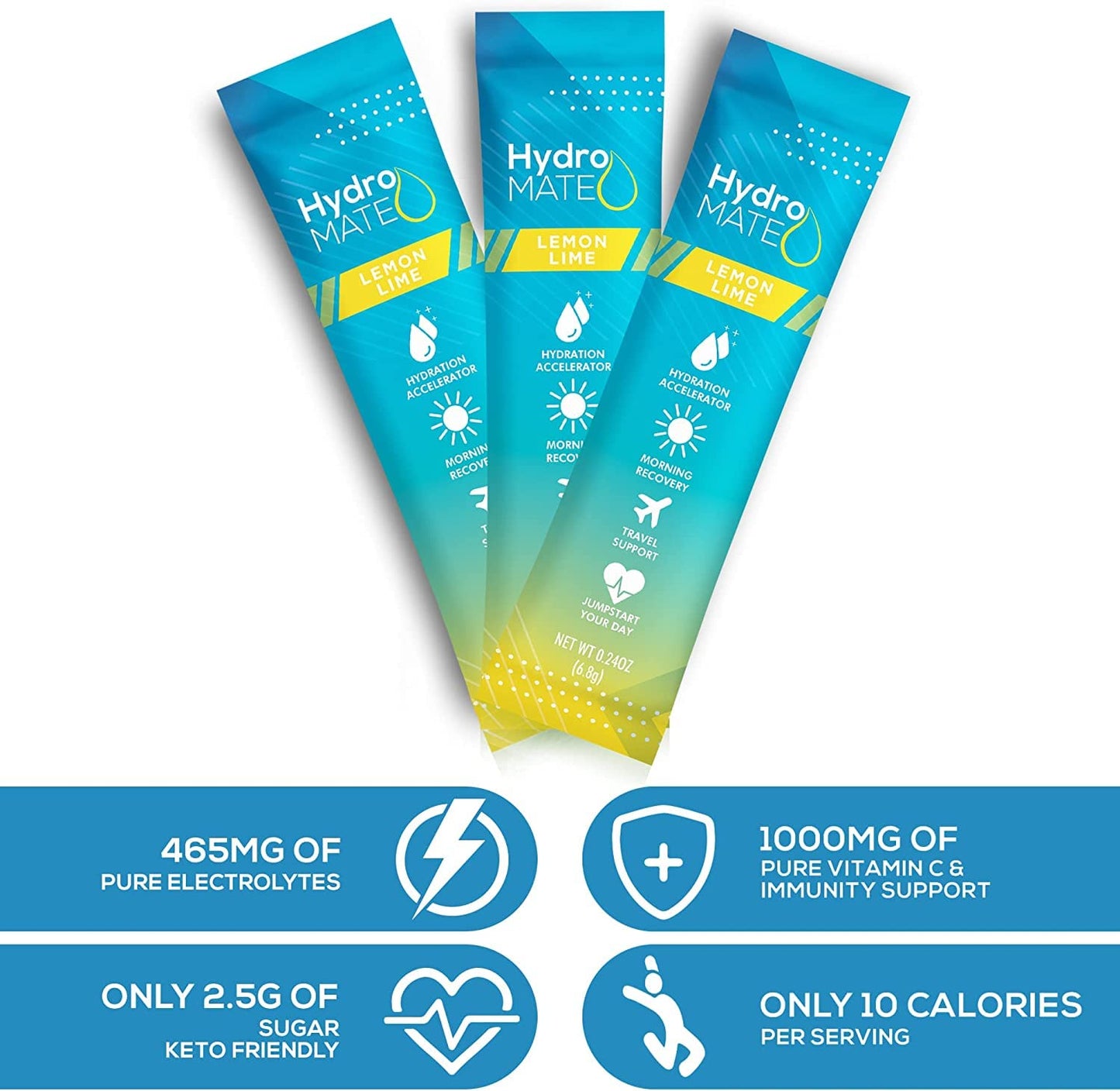 HydroMATE Electrolyte Powder Lemon Lime Hydration Packets Low Sugar 30 Count NatureWorks