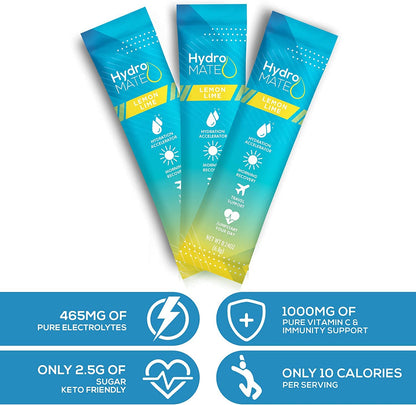 HydroMATE Electrolyte Powder Lemon Lime Hydration Packets Low Sugar 30 Count NatureWorks