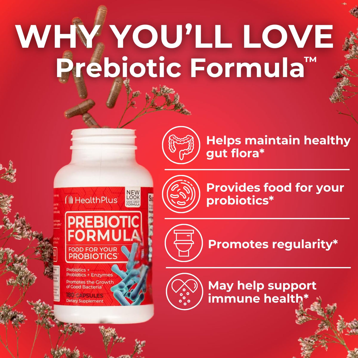 Health Plus Prebiotic Formula - Probiotics + Prebiotics + Digestive Enzymes - Gluten Free, Dairy Free, Natural Herbal Ingredients Health Plus