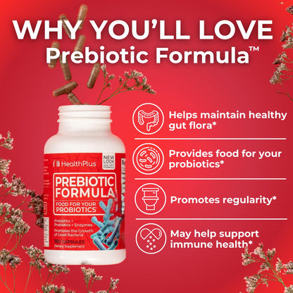 Health Plus Prebiotic Formula - Probiotics + Prebiotics + Digestive Enzymes - Gluten Free, Dairy Free, Natural Herbal Ingredients Health Plus