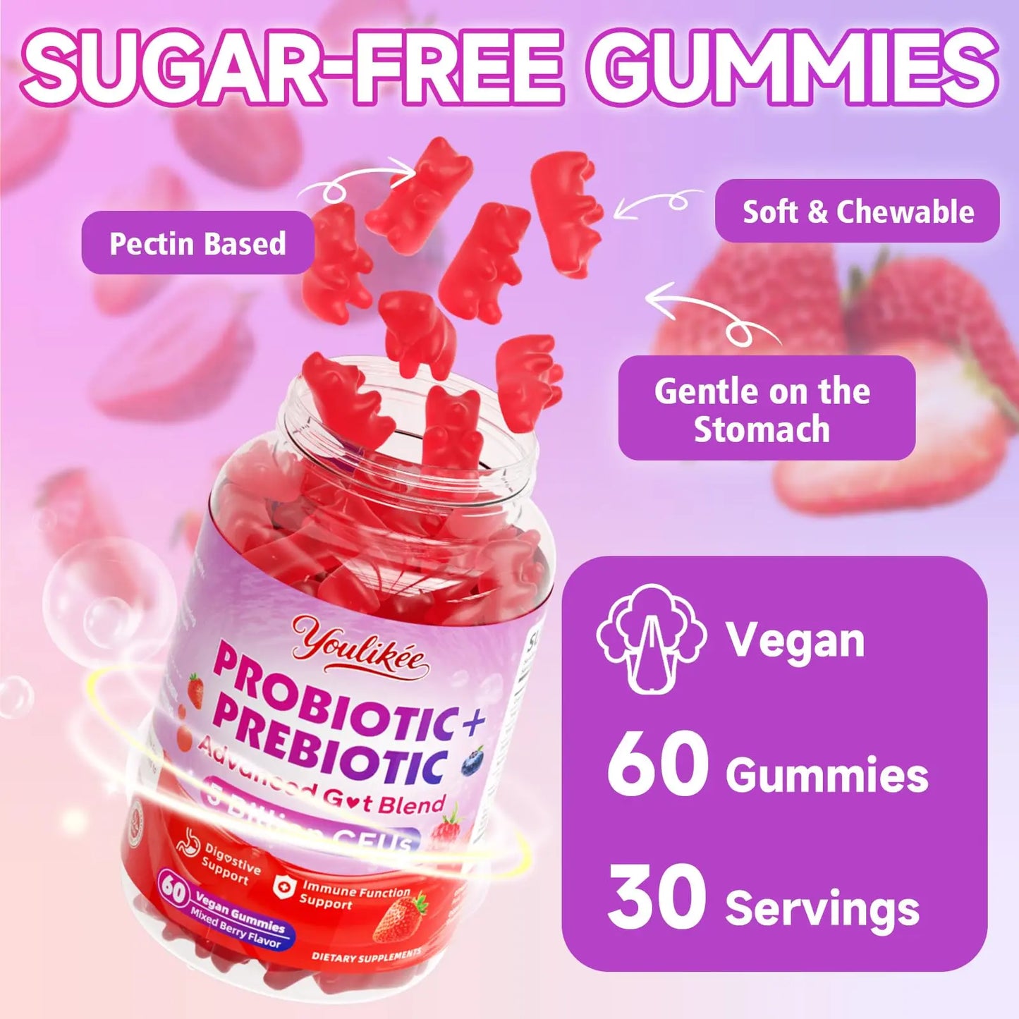 Youlikee 2 Pack Prebiotic + Probiotic Gummies for Women and Men, Probiotic Gummies Supports Gut Health, 5 Billion CFUs with Fibers, Youlikee