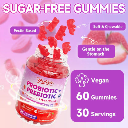 Youlikee 2 Pack Prebiotic + Probiotic Gummies for Women and Men, Probiotic Gummies Supports Gut Health, 5 Billion CFUs with Fibers, Youlikee