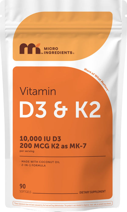 Micro Ingredients Vitamin D3 10,000 IU + K2 MK-7 200 mcg Per Serving, 90 Softgels | Extra Strength* 2-in-1 D3 K2 Supplement Micro Ingredients
