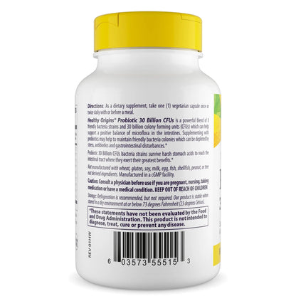 Healthy Origins Probiotic 30 Billion CFUs, 60 Veggie Capsules - 8 Clinically Studied Strains Including Lactobacillus & Bifidobacterium - Supports Microbiom Healthy Origins