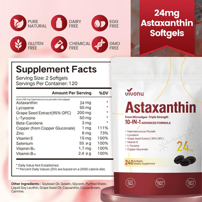 10 in 1 Astaxanthin Supplements 24mg, 4 Month Supply, Astaxantina Antioxidant from Fresh Haematococcus Pluvialis, Contains Lycopene, Grape Seed, Vitamin E VivoNu