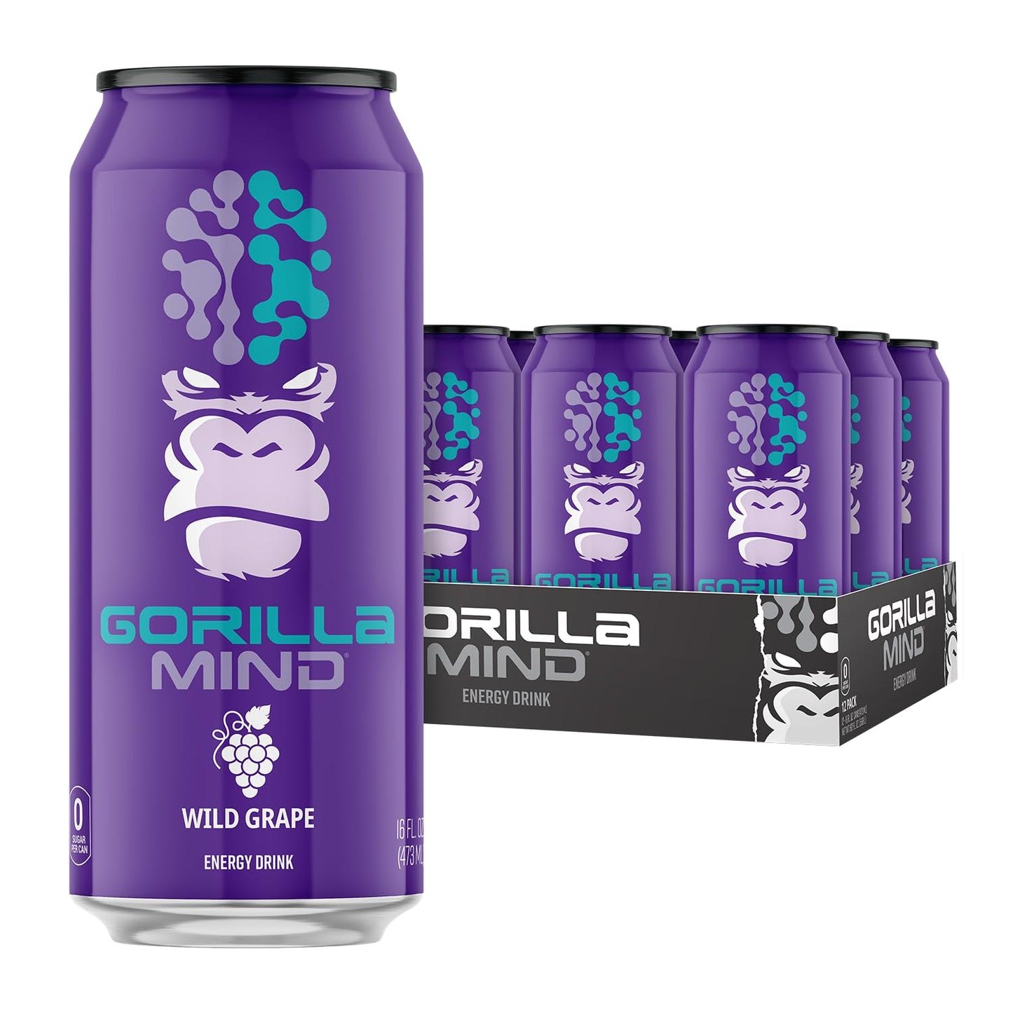 Gorilla Mind Energy Drink | Unmatched Energy · Amplified Focus | N-Acetyl-L-Tyrosine, Alpha-GPC, 200mg Caffeine, Uridine, Saffron | 0 Sugar Or Artificial Colors | 16oz, 12-Pack (Black Cherry Vanilla)