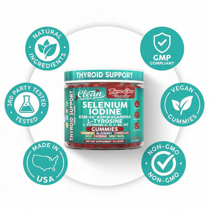 ThyroGlow Thyroid Support Gummies Selenium Iodine KSM 66 Ashwagandha L Tyrosine Vitamin D, C, B12, B6 Turmeric Blueberry Holy Clean Nutraceuticals