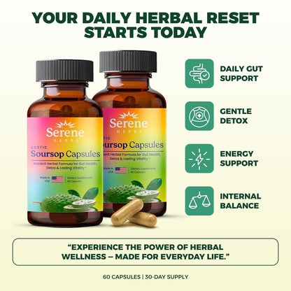 Serene Herbs Graviola Soursop Capsules Organic - Guanabana Extract Pills with Black Seed, Irish Moss & Moringa - 16 Herb Daily Supplements & Digestive Support - Vegan, Non-GMO (Pack of 1)