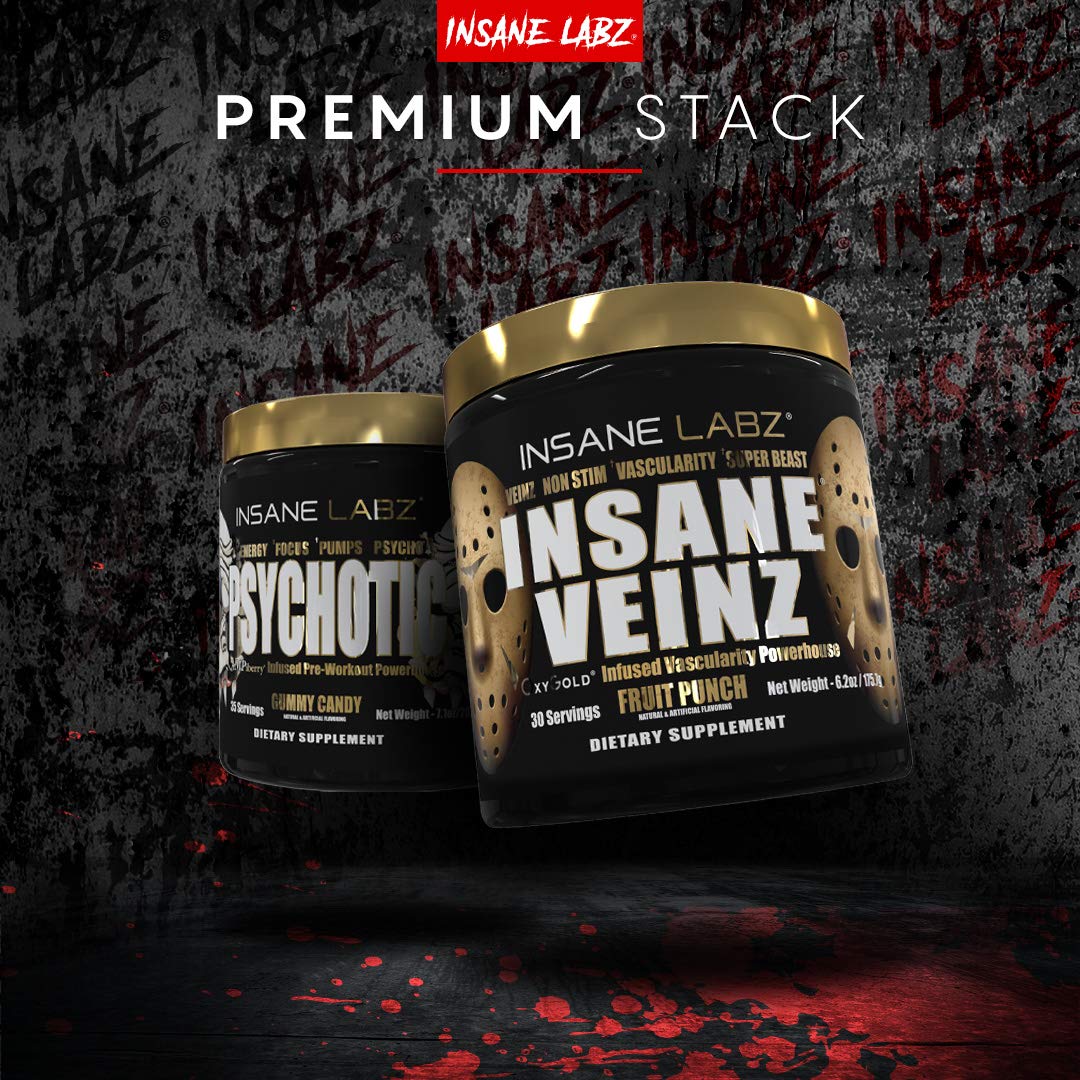Insane Labz Psychotic Gold and Insane Veinz Gold Pre Workout Nitric Oxide Booster Stack, Increase Muscle Mass, Vascularity, Strength, Energy, Focus, Fruit Punch