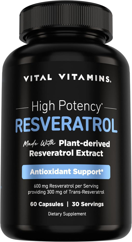 Vital Vitamins Resveratrol, 600mg with 300mg Trans-Resveratrol | Antioxidant Support for Cellular Longevity & Cognitive Function, Non-GMO, 60 Capsules Gsupps Australia