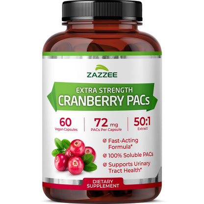 Zazzee Cranberry PACs 72 mg per Capsule, 50:1 Extract, 120 Vegan Capsules, 2X Strength, 4 Month Supply, Fast-Acting, Effective Urinary Tract & Bladder Support, 100% Soluble PACs, Made in the USA Gsupps Australia
