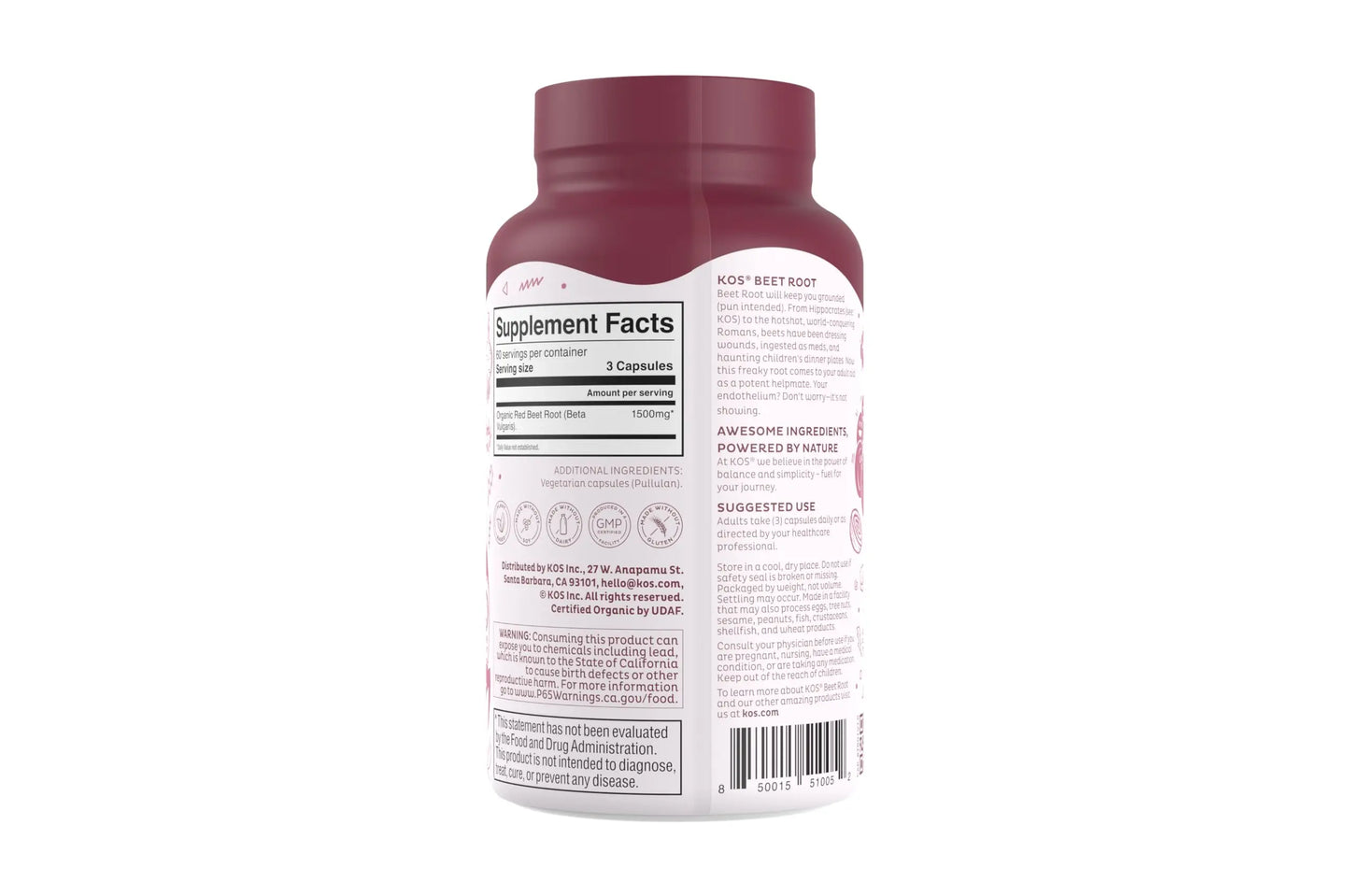 KOS Organic Beetroot Capsules 1500mg - USDA Organic, Antioxidant Power from Organic Beet Root Superfood, Supports Healthy & Active Lifestyle - Non-GMO, KOS